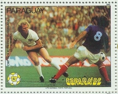 Hoeneß auf einer Briefmarke zur WM 1982 m Spiel Deutschland – Jugoslawien bei der WM 1974