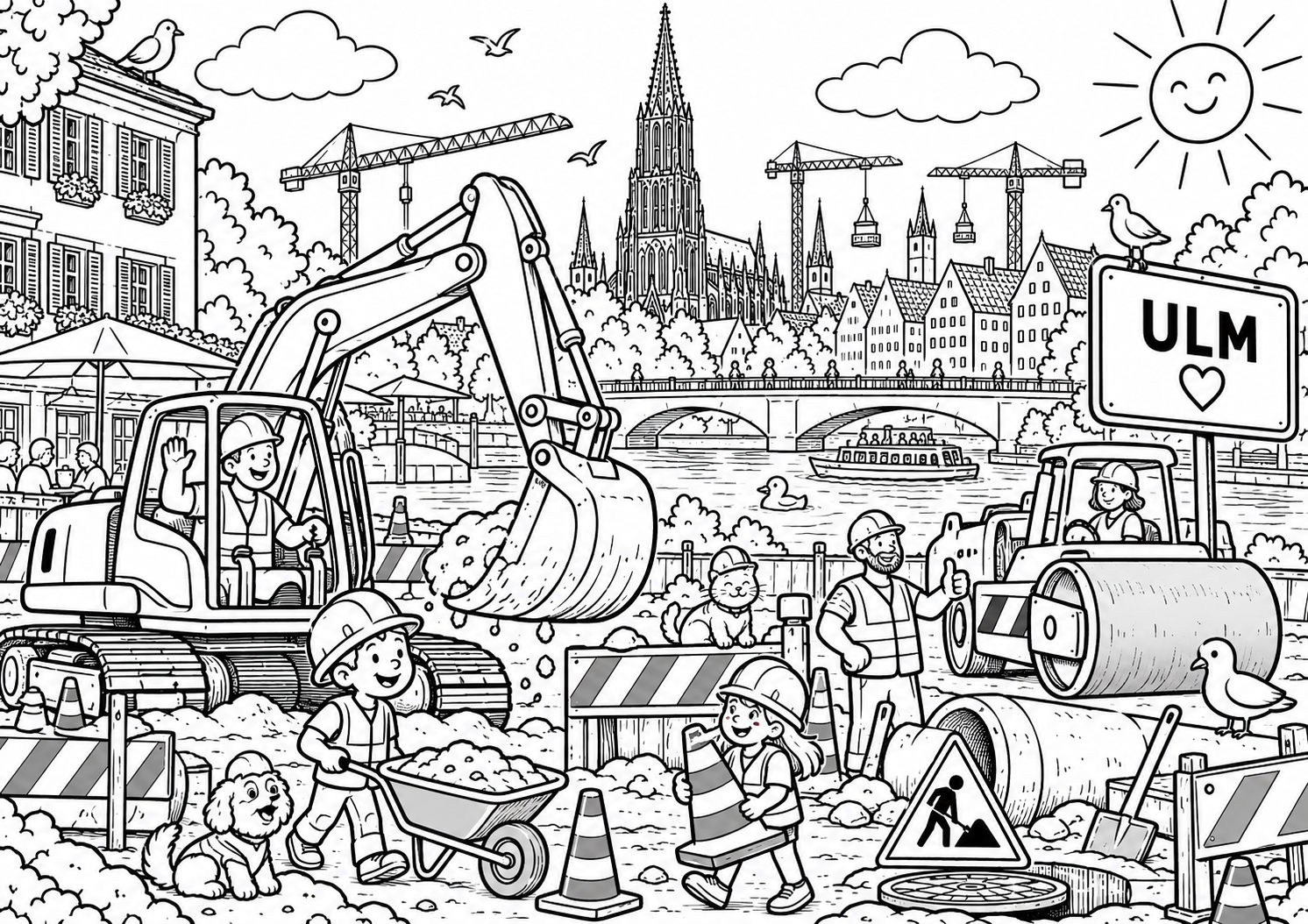 Kostenloses Ausmalbild mit Baustellen, Baggern und dem Ulmer Münster