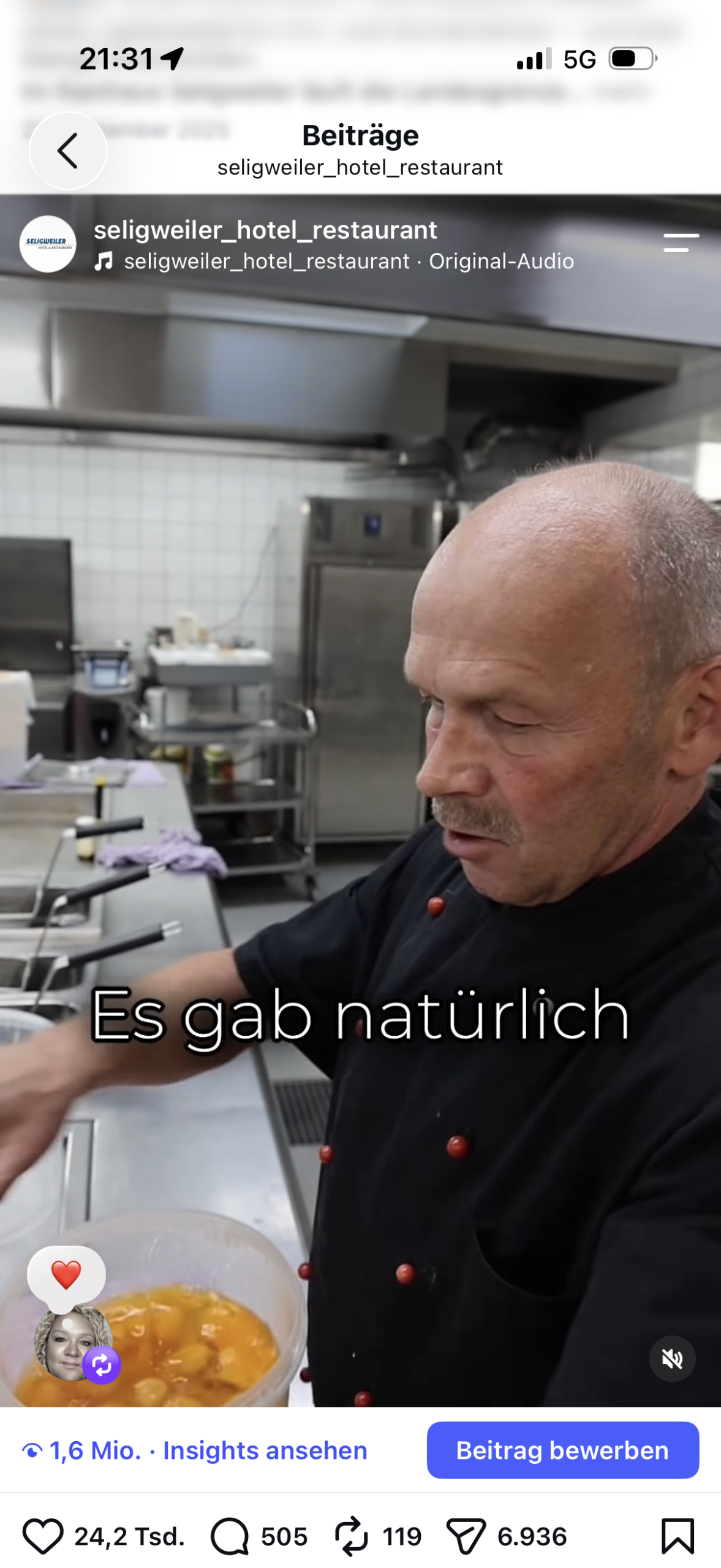 Erfolgreiches Reel aus einer Hotelküche